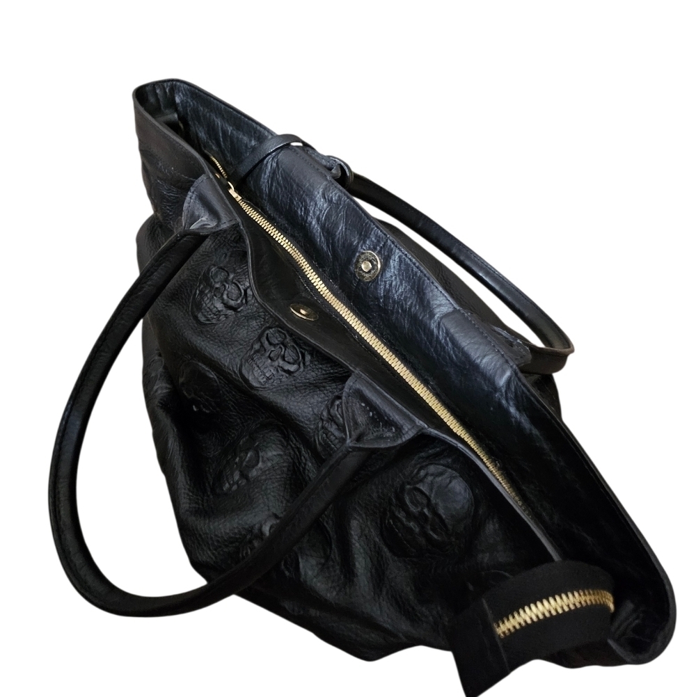 Black 100% Leather Skull Embossed Tote Made In Italy - Picture 5 of 16